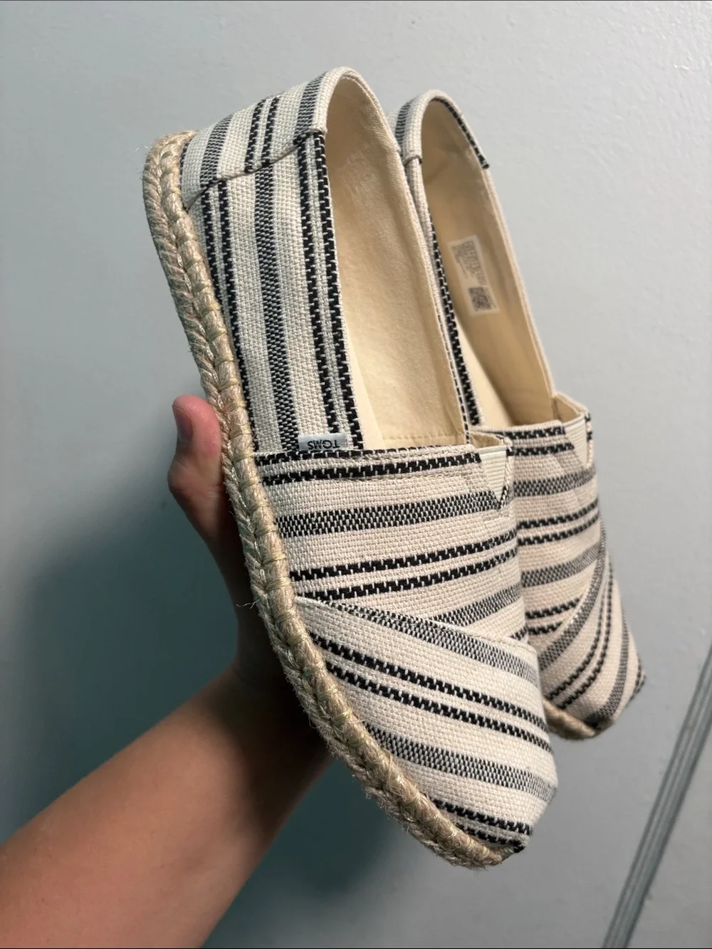 Toms Women’s Cream and Black Striped Canvas Espadrilles